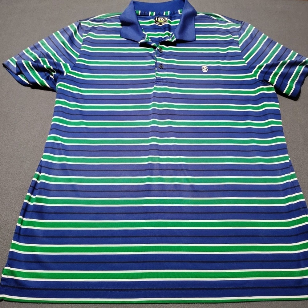 IZOD Golf Shirt Men XL Green /Blue Stripe Polo Activity Outdoor Stretch Knit